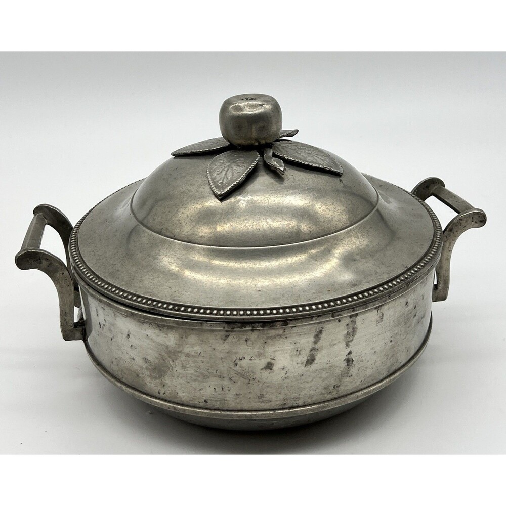 Antique German Pewter Tureen Lid Apple Finial Fein Englisch Zinn Serving Bowl